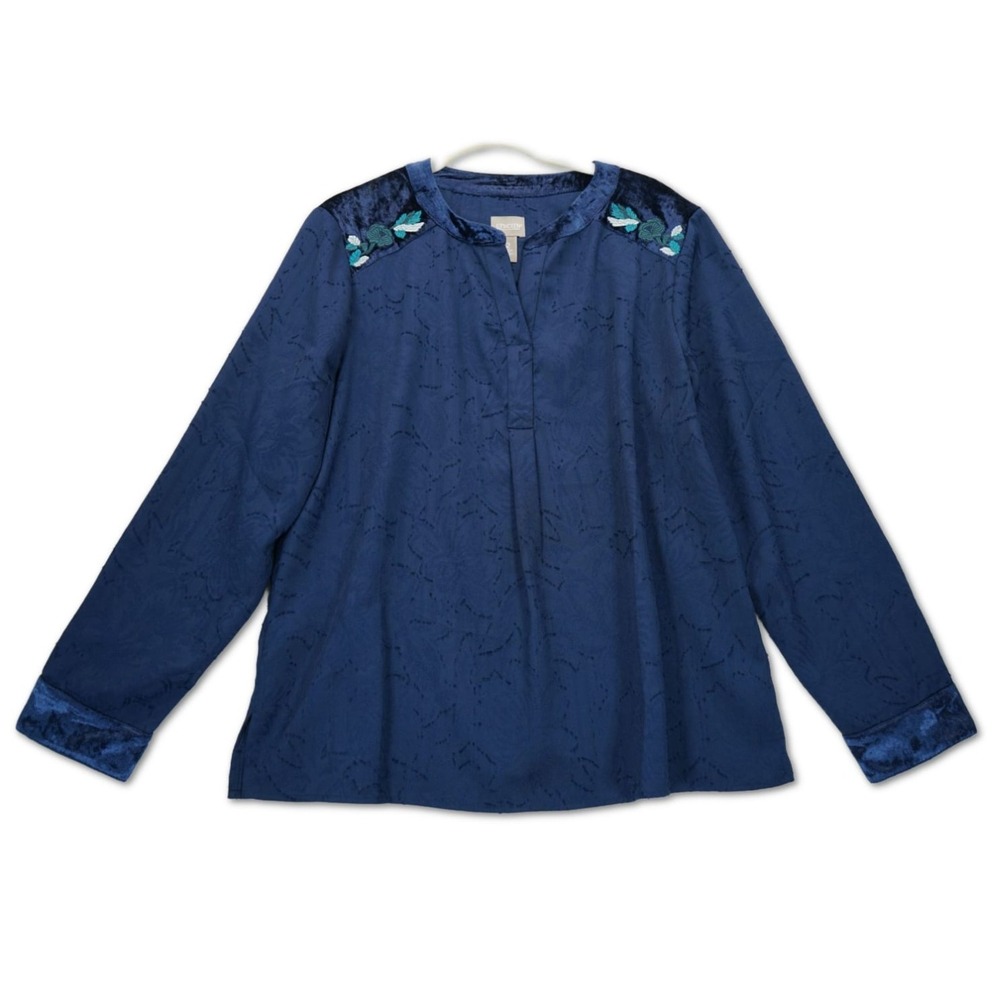 Chico's V-Neck Shirt Women's Size 2 Navy Velvet Floral Embroidered Long Sleeve